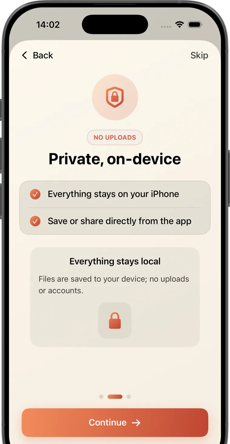Convert Image to PDF - create screen stating that files stay on the iPhone with no uploads or accounts