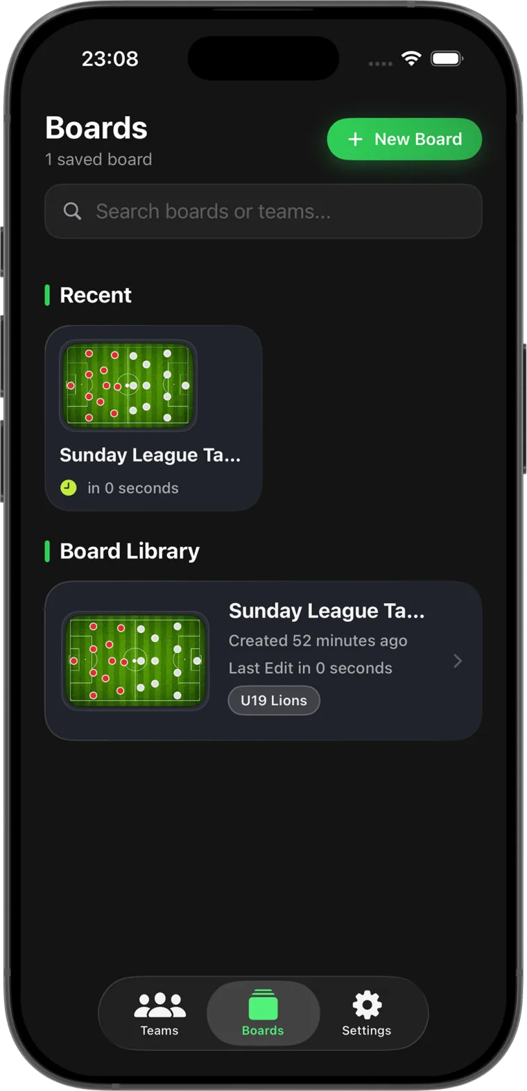 Saved board library in Soccer Coach Tactic Board: VA