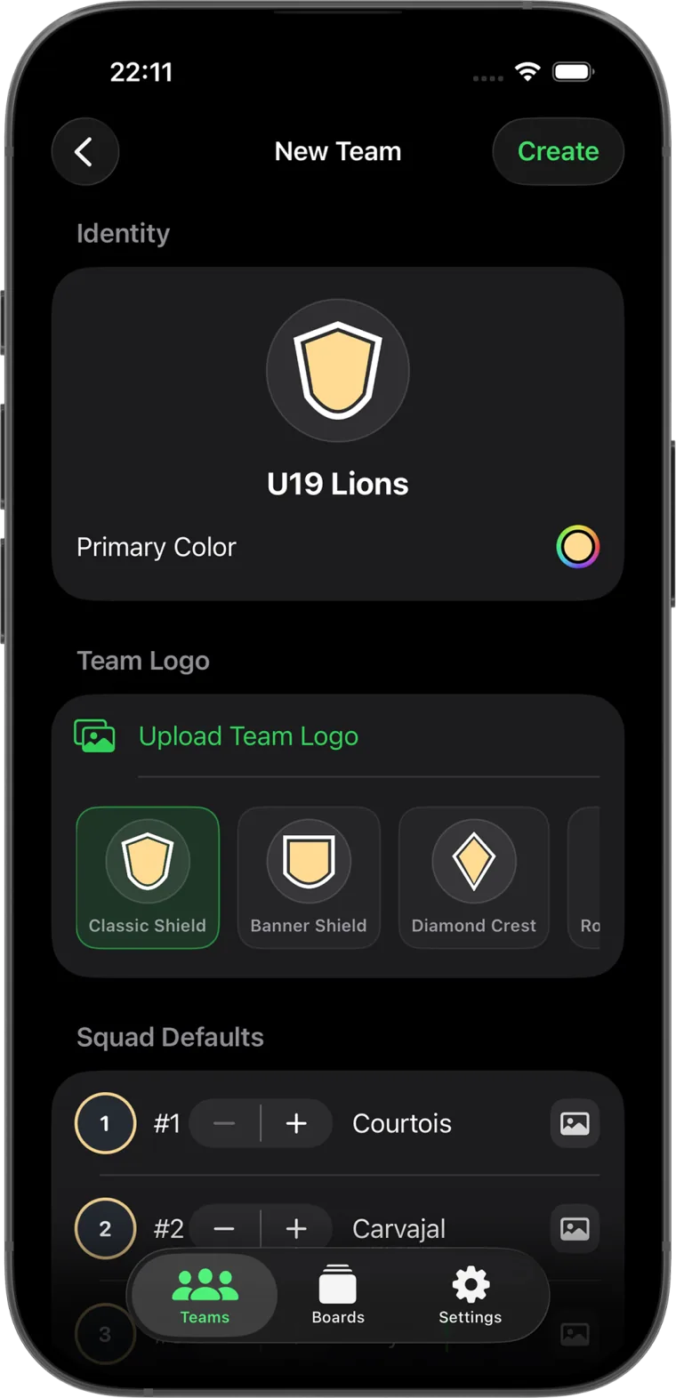 Team settings in Soccer Coach Tactic Board: VA
