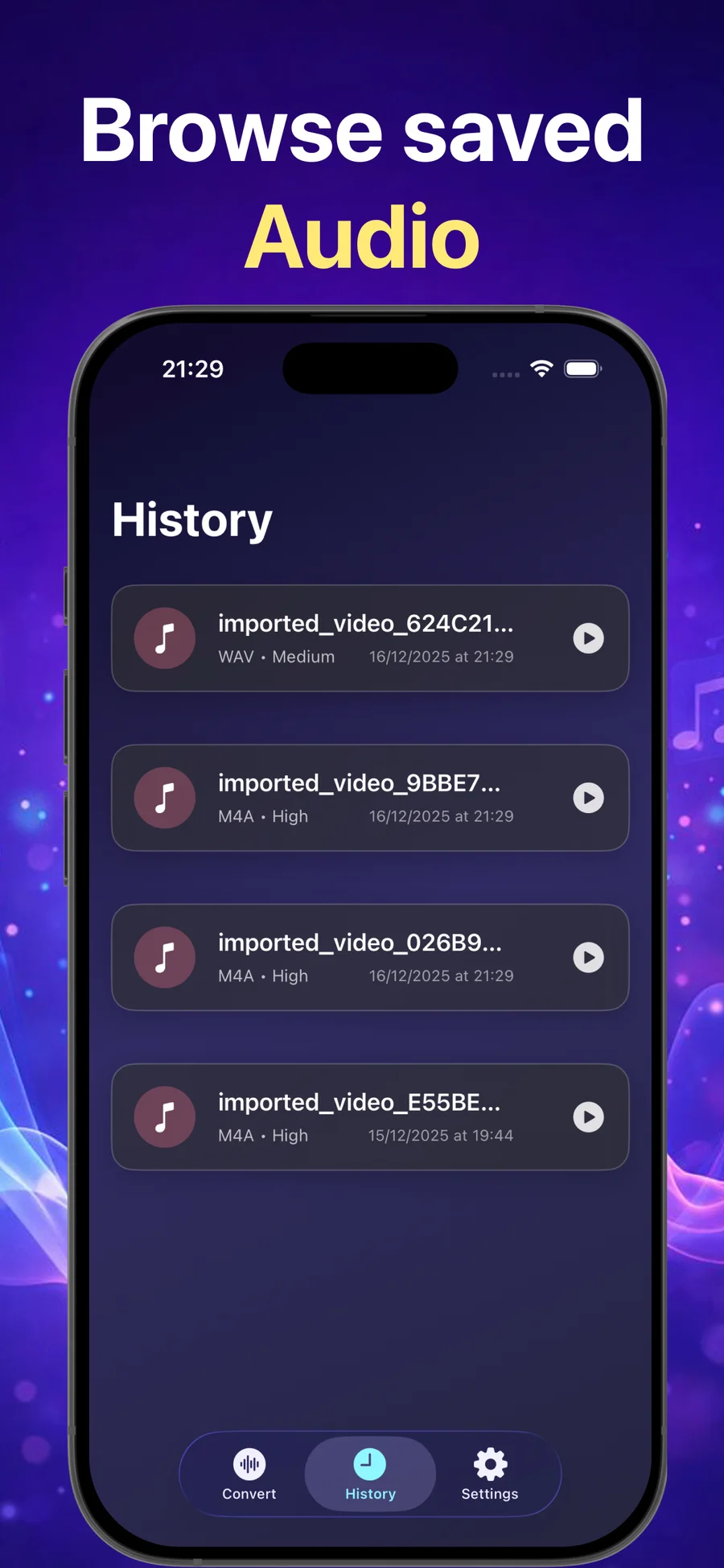 Convert Video to Audio - Pro saved audio history list with format, quality, date, duration, and play controls