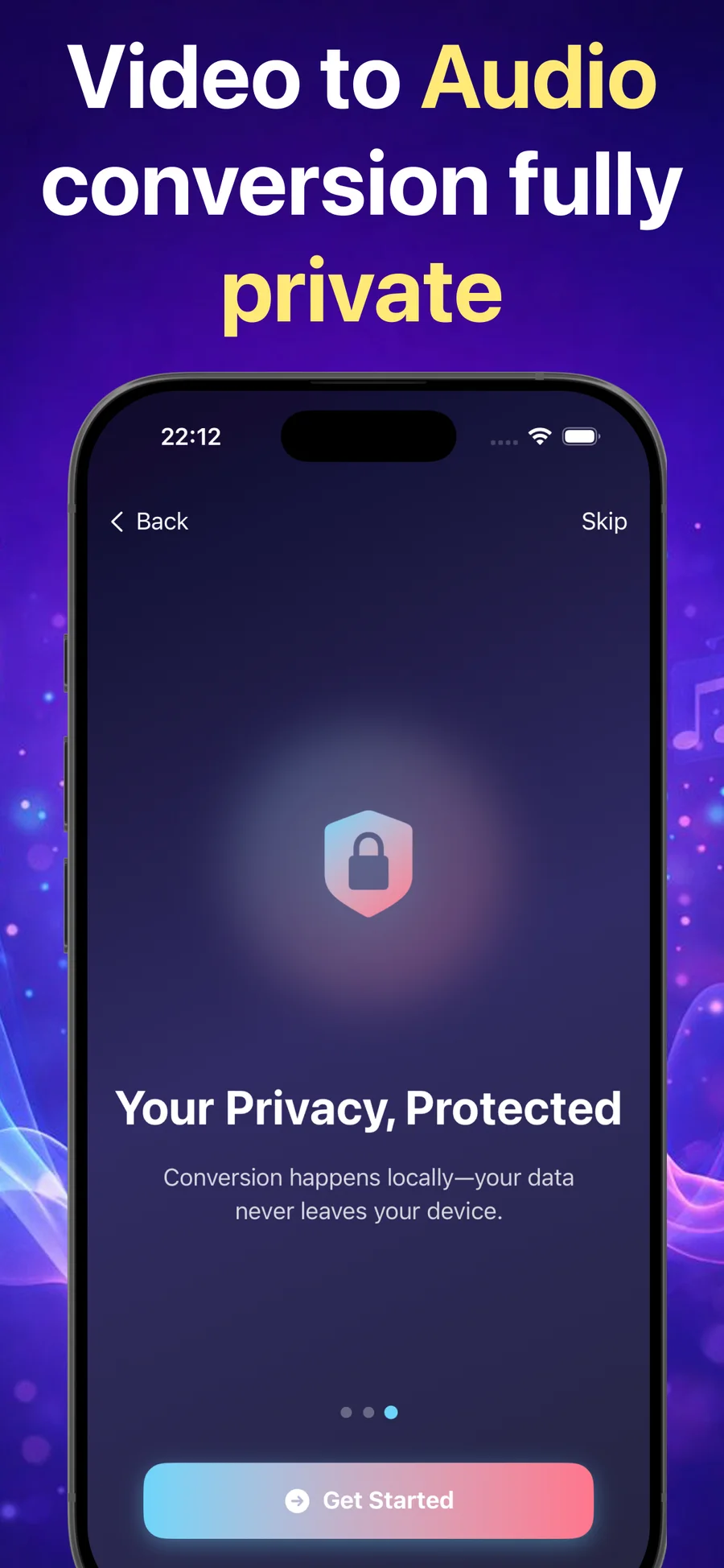 Convert Video to Audio - Pro privacy screen explaining that conversion happens locally and data stays on the device